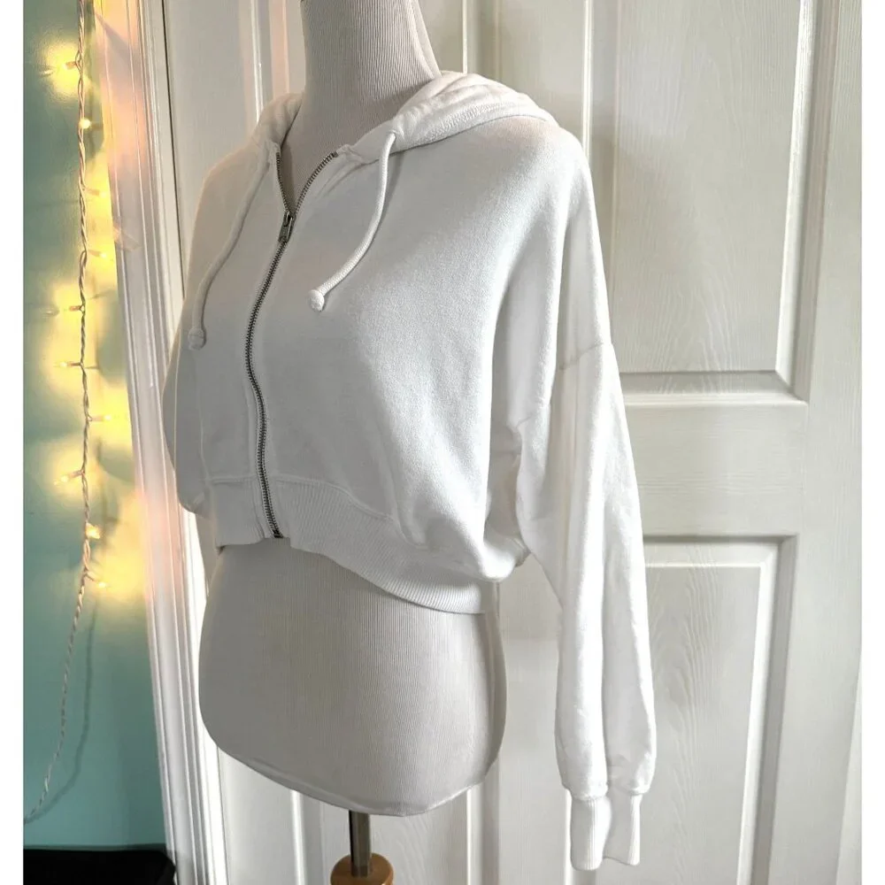 Hollister White Cropped Zip up Hoodie with Drawstrings Size Small - Picture 2 of 4